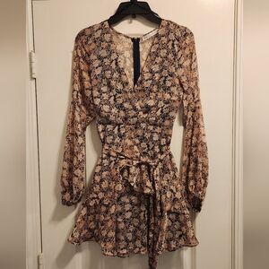 Saints +Secrets Elegant Floral Long Sleeve Mini  Flowy Summer Dress Sz S